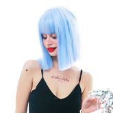 Short Straight Sky Blue Blunt Cut Bob Wig with Bangs